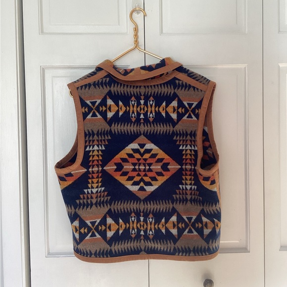 Pendelton Aztec Blue Pattern Southwestern Vest Leather Trim L - Picture 4 of 6